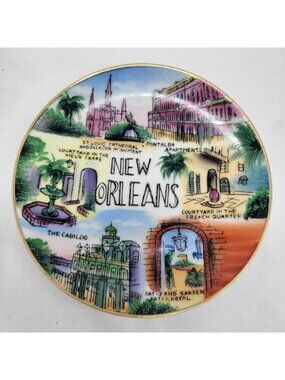 Vtg New Orleans Souvenir Collector Plate Landmark Illustrations Gold Trim 6.5"